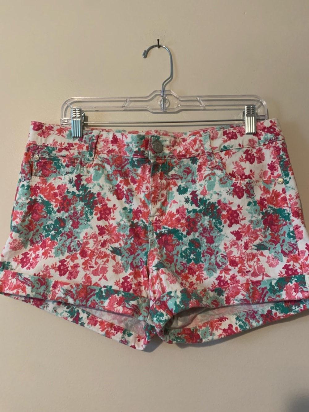Celebrity Pink Floral Denim Shorts in Pink & Teal Green